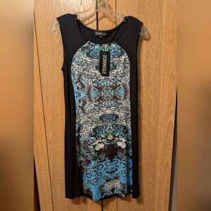 Dominique Black Midi Dress with Blue & Teal Printed Front